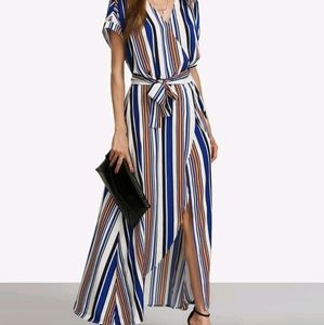 Multi-colored striped boho v-neck tie waist maxi dress, Size XS